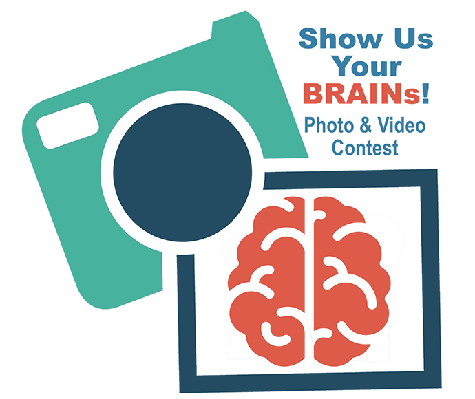 cartoon image of camera and a photograph of a brain. Text states "Show Us Your BRAINS Photo and Video Contest
