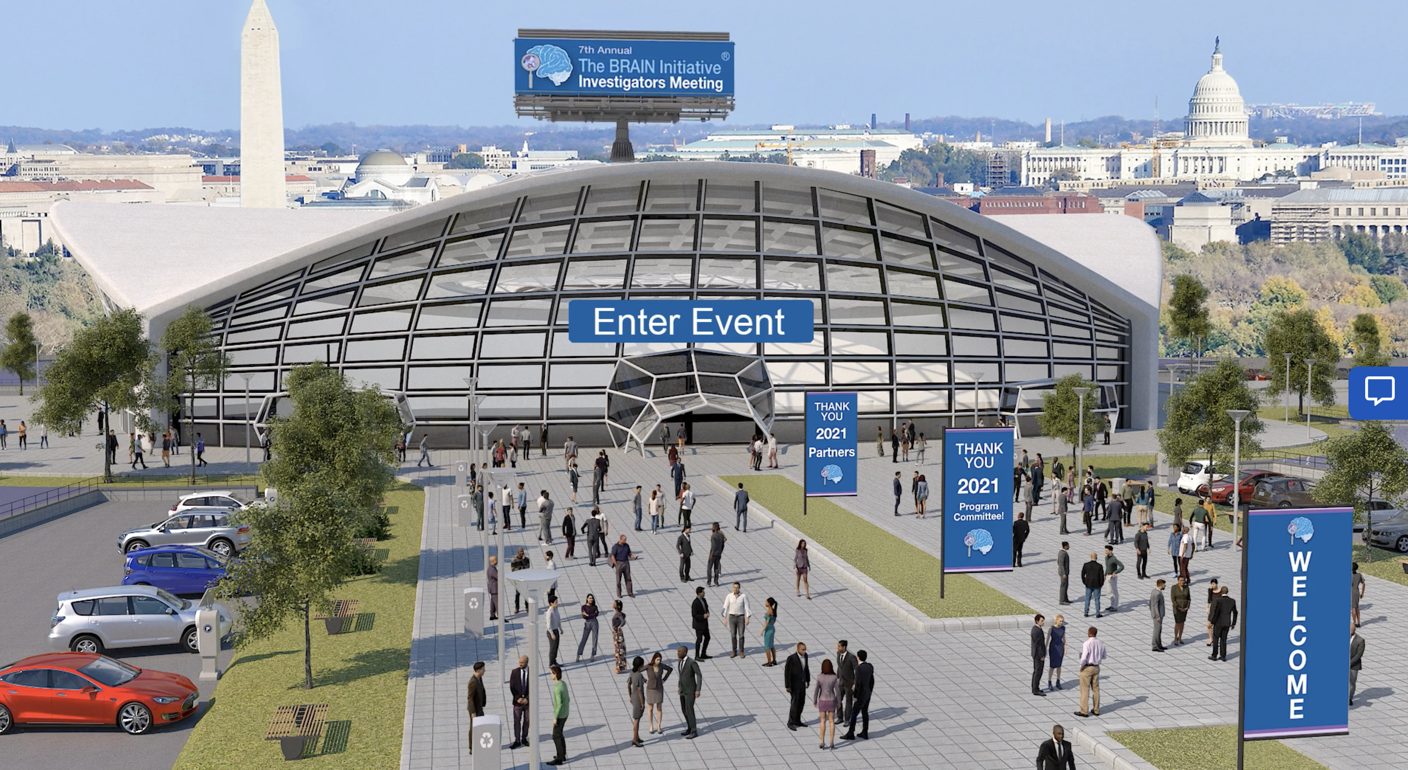 animated image of athe entrance to a virtual conference. Washington DC in background