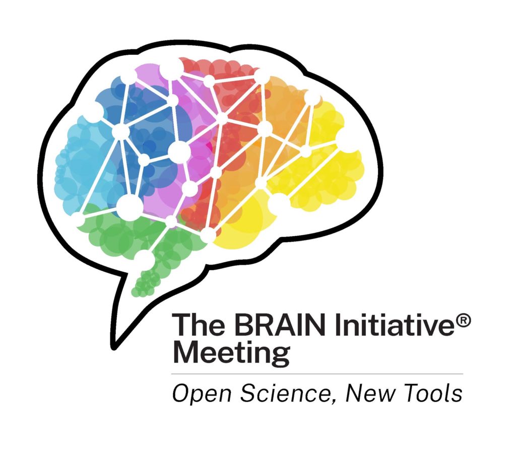 thought bubble with abstract rainbow-colored brain inside. Text reads: The BRAIN Initiative Meeting Open Science, New Tools